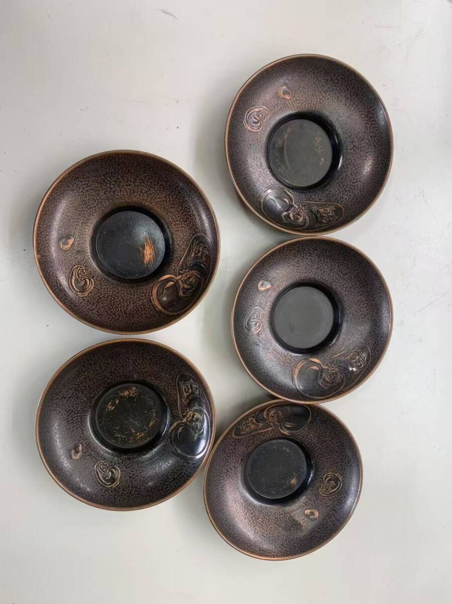 G0603→銅製茶托・打ち出の小槌・誰か人模様・5客 ・貴重・珍品 レトロ 茶道具 中古拍卖