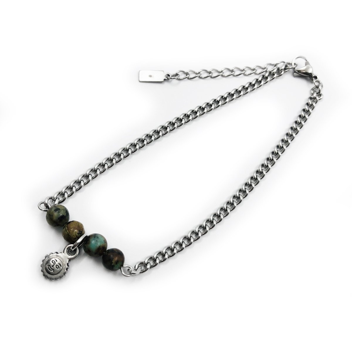 パワーストーン スマイルチャーム ステンレスアンクレット アフリカンターコイズ 25cm(21+4cmアジャスター) 3.5mm幅喜平 FN202拍卖