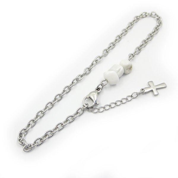 ステンレスチェーンブレスレット ホワイトハウライト付き  約21cm(18+3cmアジャスター)拍卖