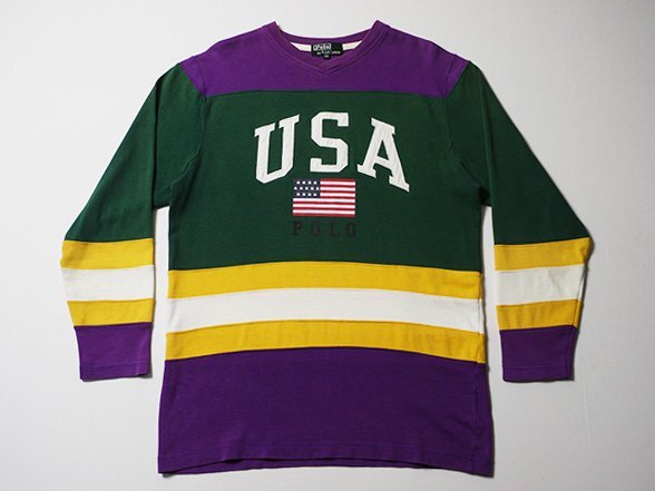 Polo Ralph Lauren ラルフローレン 切り替え トップス 正規品 160 ユースサイズ USA ワッペンロゴ 長袖 カットソー 星条旗拍卖