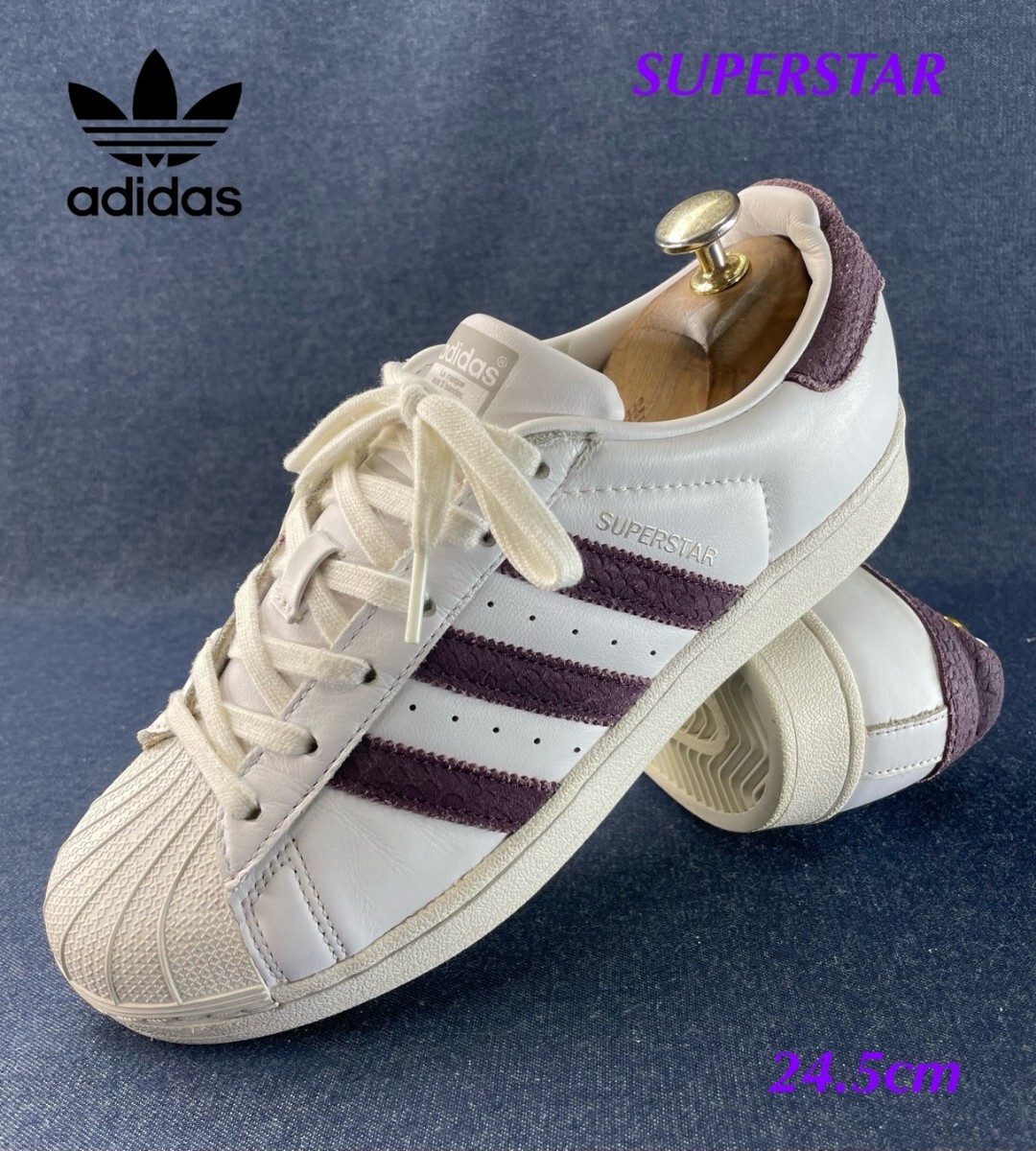 名機降臨!希少18年製/復刻パイソン柄!オールドグレープストライプ!アディダス【スーパースター】レザースニーカー!白×紫 24.5cm/US7.5拍卖