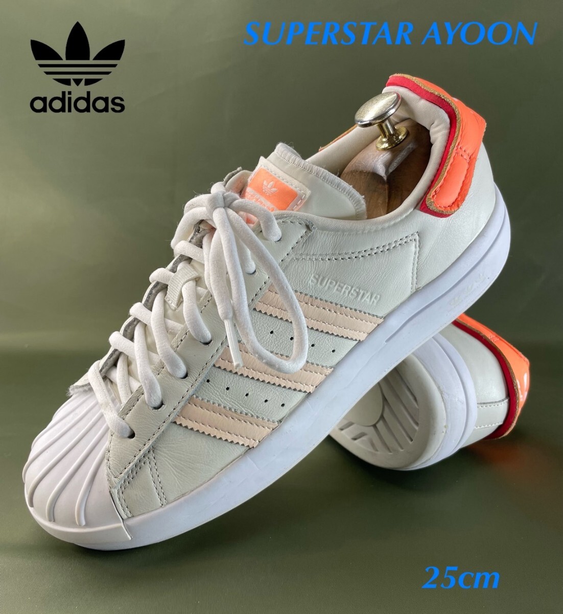 名機降臨!定14300円!再構築パステルデザイン!カウレザー!アディダス【スーパースターアユン】レザースニーカー!白×橙 US8/25cm拍卖