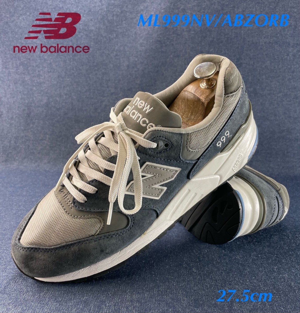 名機降臨!生産終了旧ヌバックレザーファブリック!ミッドナイトカラー!ニューバランス【ML999NV/ABZORB 】スニーカー! 27.5cm/US9.5拍卖
