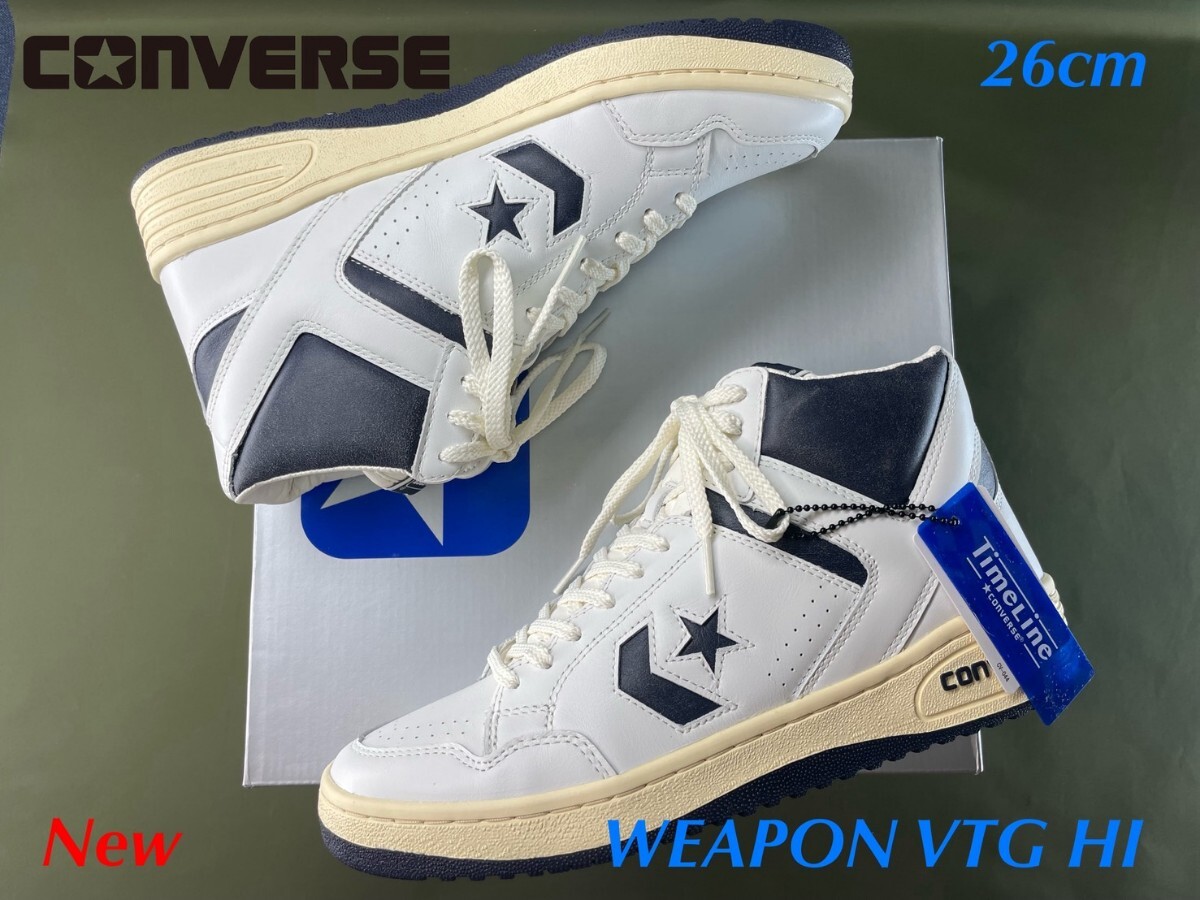 名機降臨!定22000円/未使用品!80's復刻/限定タイムライン!コンバース【ウエポンヴィンテージHI】レザースニーカー!白×紺 26cm/US8拍卖