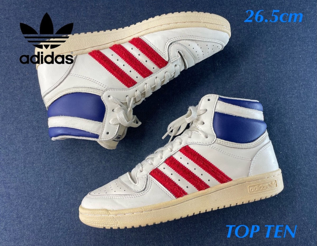 名機降臨!80's復刻トリコロールカラー!アディダス【トップテン】ミドルカットレザースニーカー!ホワイト×レッド×ブルー 26.5cm/US9.5拍卖