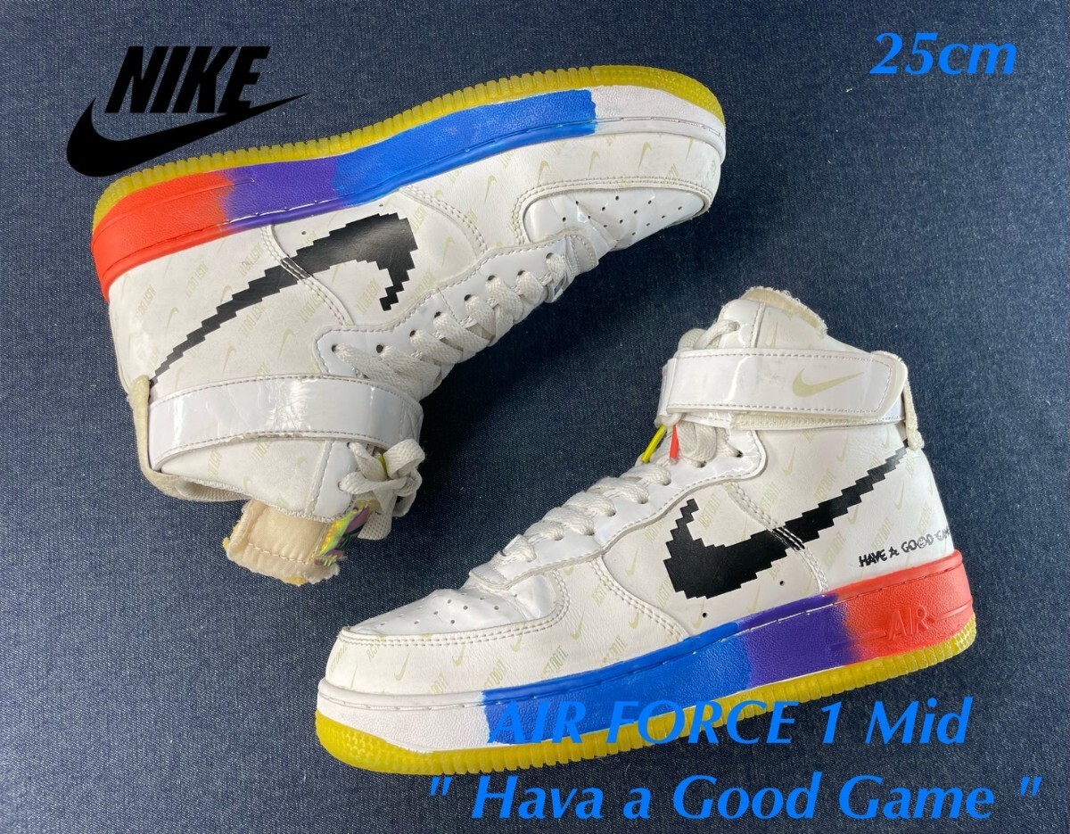 名機降臨!名作Have a Good Gameパック!デジタルスウォッシュ!ナイキ【エアフォース1 Mid】レザースニーカー!ホワイト 25cm/US7拍卖