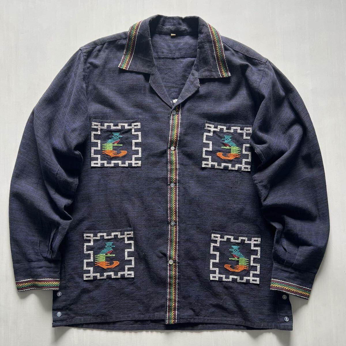60s 70s グアテマラシャツ ジャケット ネイビー ヴィンテージ ビンテージ USA古着 刺繍 民族 オープンカラーシャツ 30s 40s 50s拍卖
