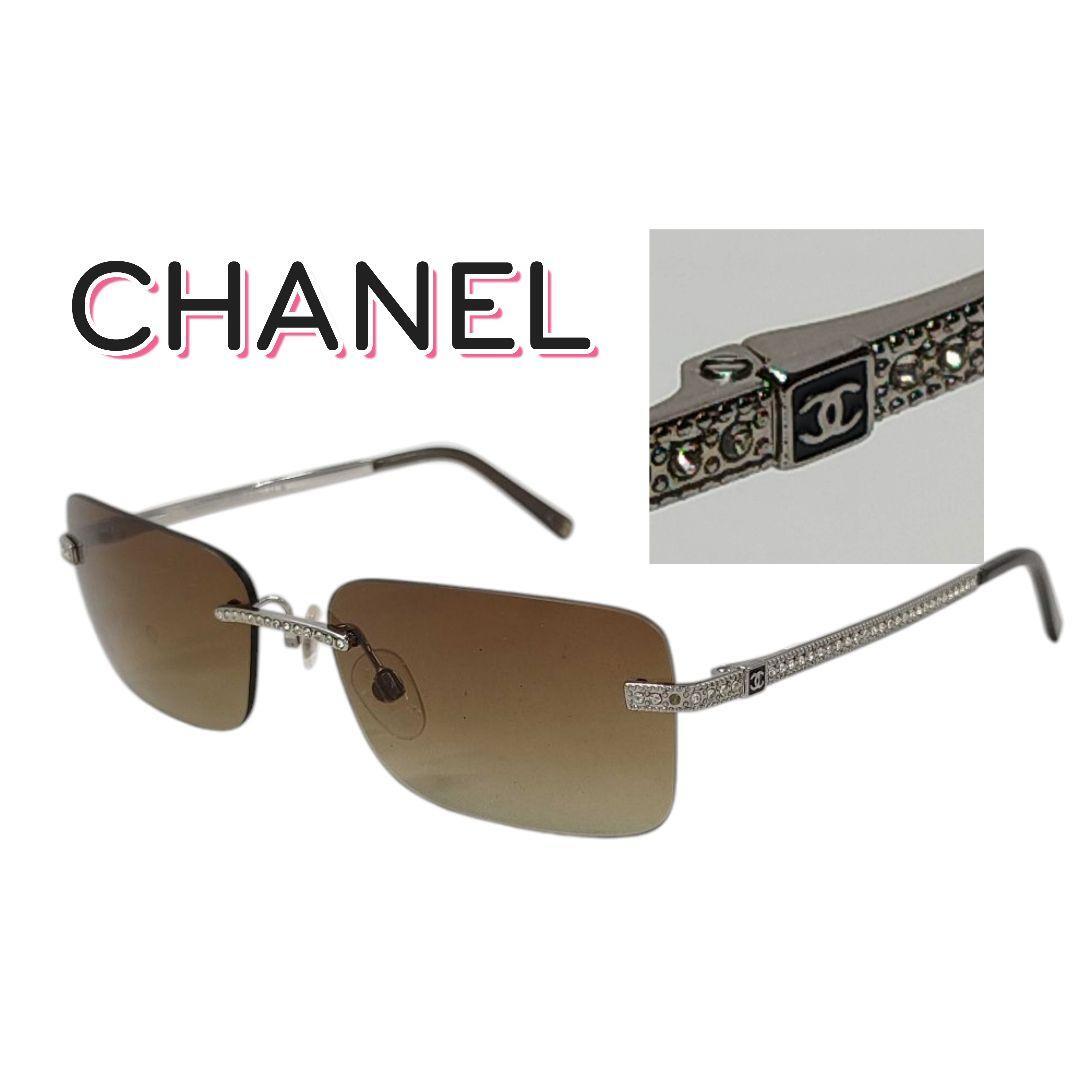 CHANEL サングラス ブラウン グラデーション リムレス メタル シャネル ココマーク レザー ブラック ラインストーン ツーポイント拍卖