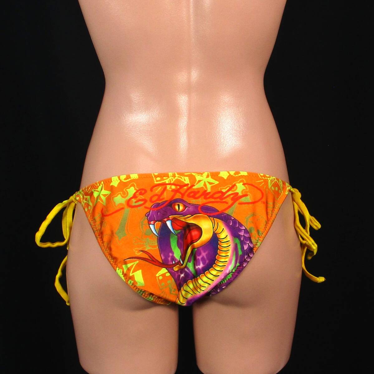 C6389★紐パン Ed Hardy 蛇 スネーク おしゃれ イラスト 紫 パープル オレンジ 水着ボトム ビキニパンツ レディースM相当 スイムショーツ拍卖