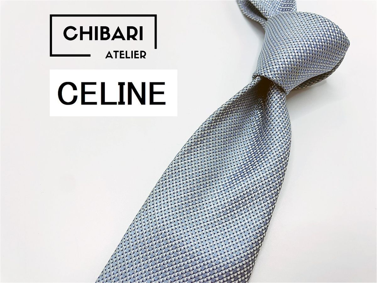 【超美品】CELINE セリーヌ ロゴ&チェック柄 ネクタイ 3本以上 送料無料 メンズ ブルー 光沢 0904218拍卖