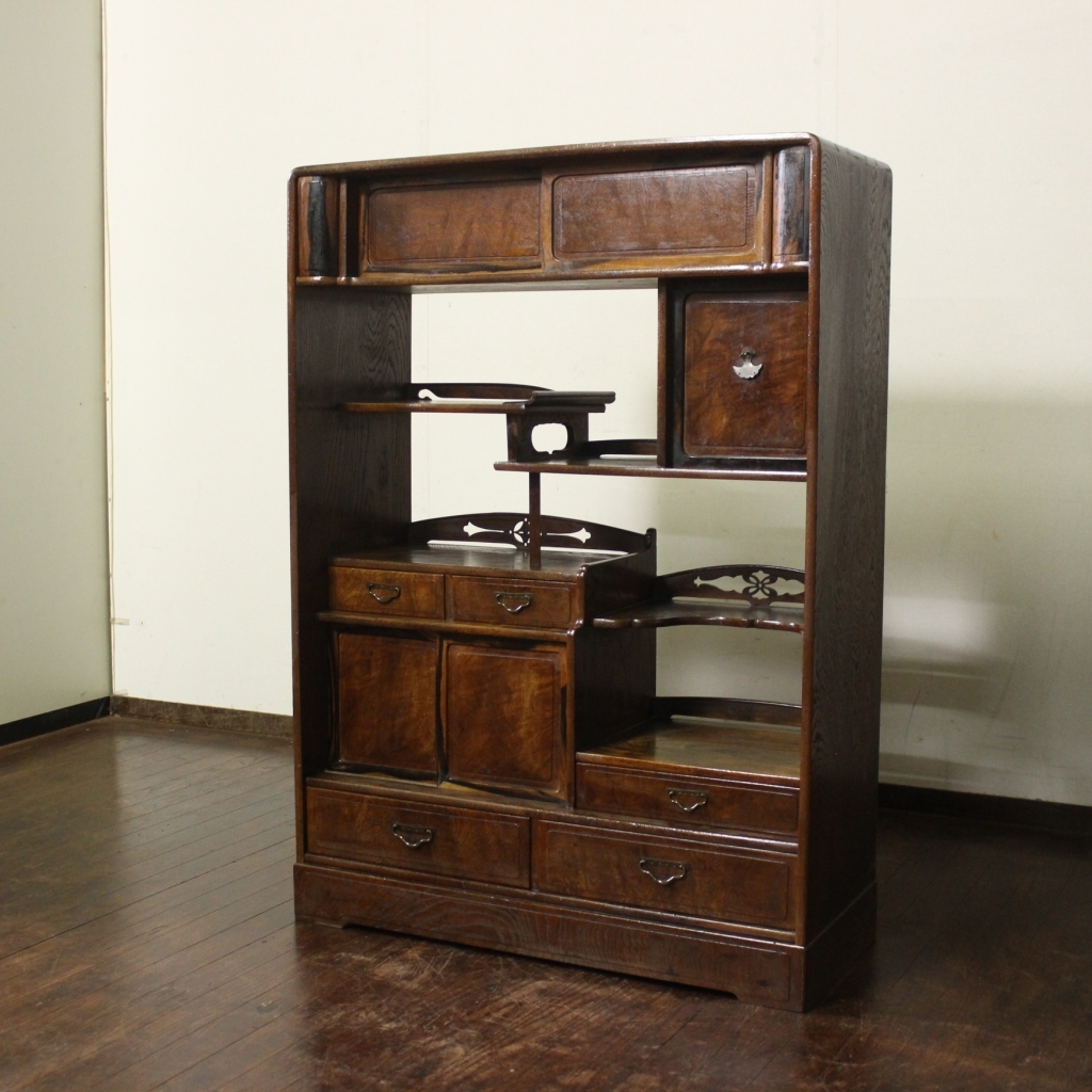 新入荷!昭和レトロ!欅杢!古い木製茶箪笥!収納棚/和家具/飾棚/茶棚/食器棚/無垢材/時代箪笥/茶道具/ヴィンテージ家具/煎茶棚拍卖