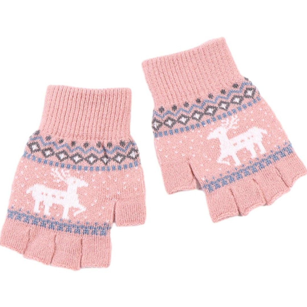 手袋 レディース 指なし 5本指 ピンク 北欧柄 ノルディック スマホ操作拍卖