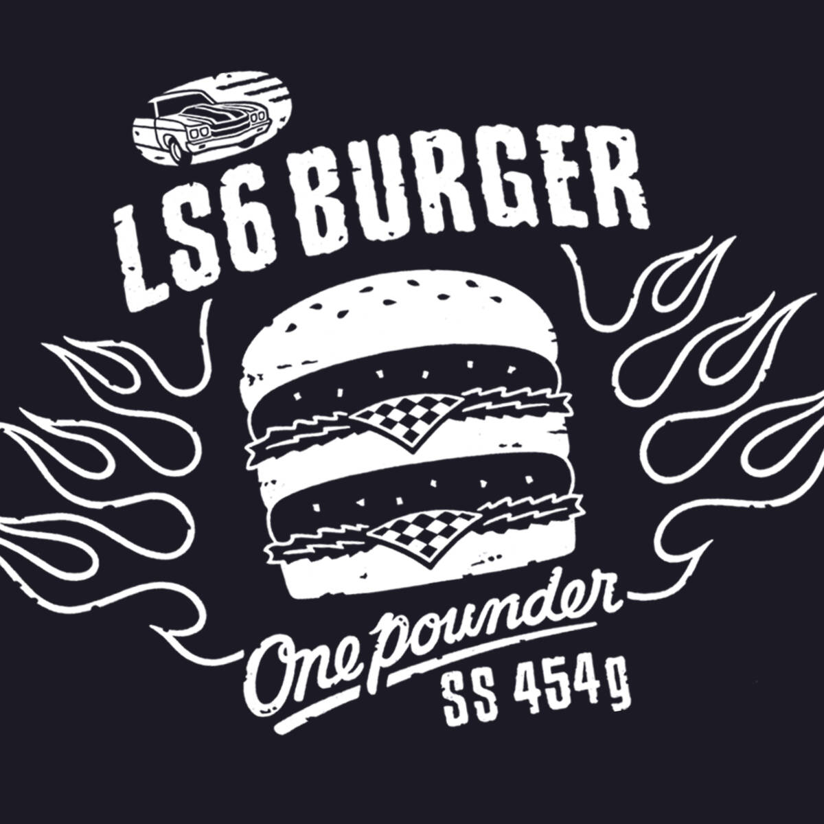 ■LS6 BURGER Tシャツ■XLサイズ(ネイビーxホワイト) アメリカ アメ車 シボレー シェベル CHEVROLET CHEVY CHEVELLE 拍卖