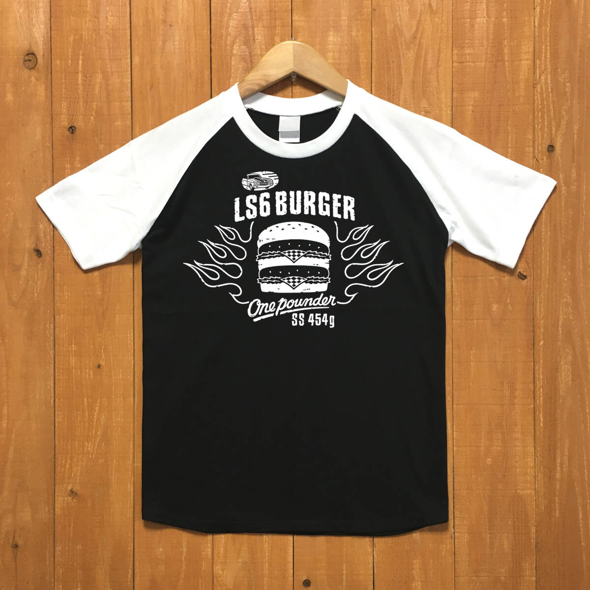 ■ LS6 BURGER ラグランTシャツ■XLサイズ(ブラックxホワイト)アメ車 シボレー シェベル CHEVROLET CHEVY CHEVELLE拍卖