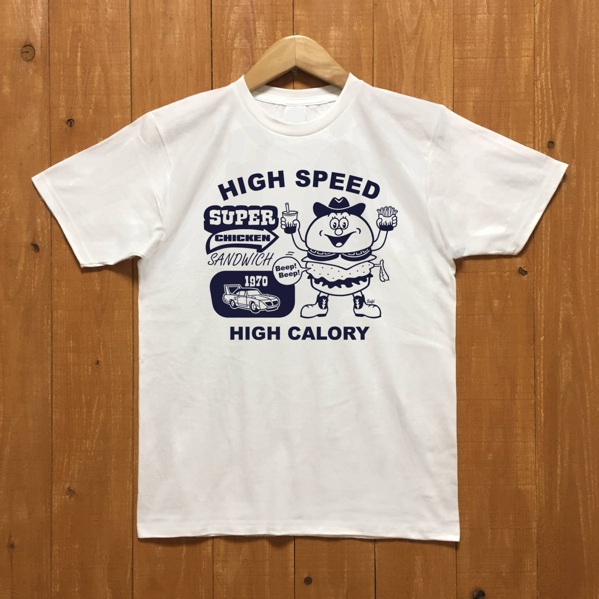 ■ SUPER CHICKEN Tシャツ■Mサイズ(ホワイトxネイビー)アメリカ アメ車 モパ- ハンバーガー MOPAR ROADRUNNER HAMBURGER拍卖