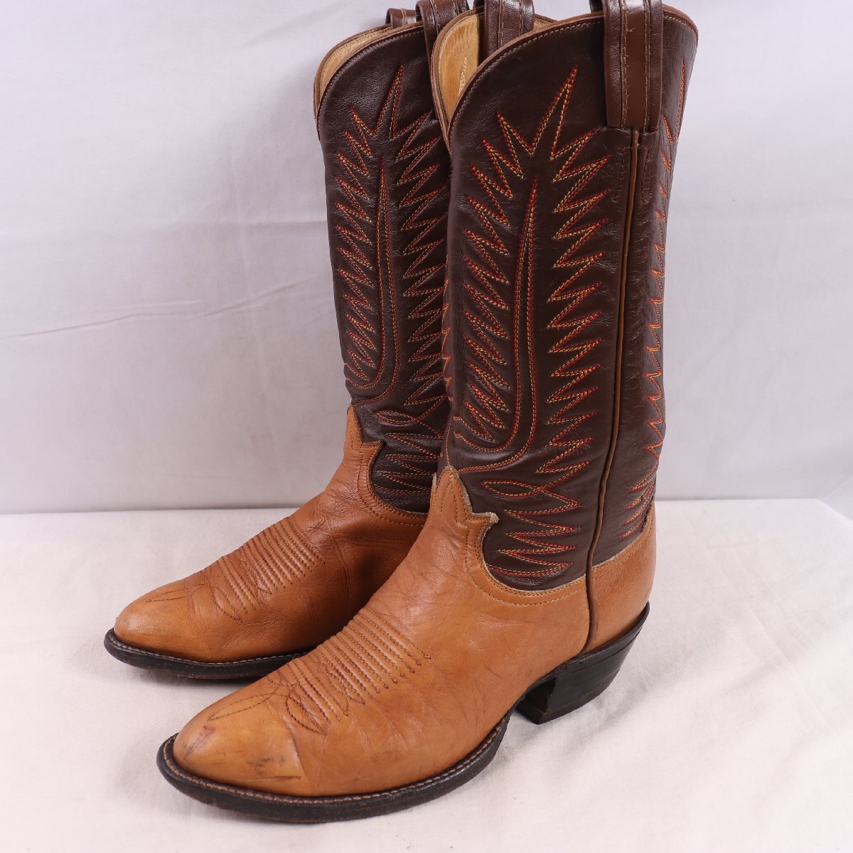 70's-80's 位トニーラマ 7 1/2 / ~26.0cm 位 刺繍 ウエスタンブーツ タン 茶 Tony Lama カウボーイ メンズ ローパーブーツ 中古 eb1986拍卖