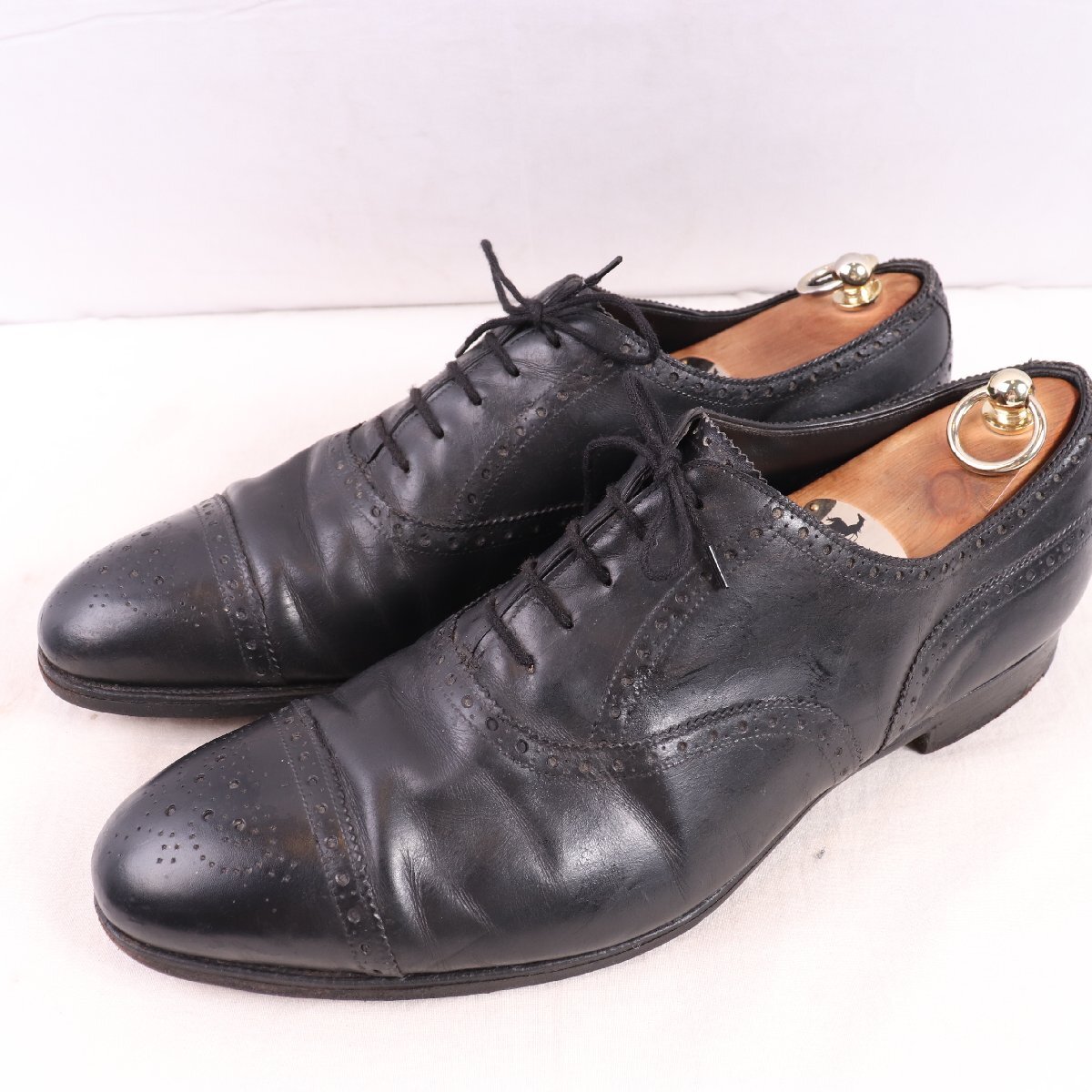 80's-90's エドワードグリーン 12 1/2 EDWARDGREEN パンチドキャップトゥ イングランド製 内羽根 黒 ブラック 革靴 中古 メンズ ds5489拍卖