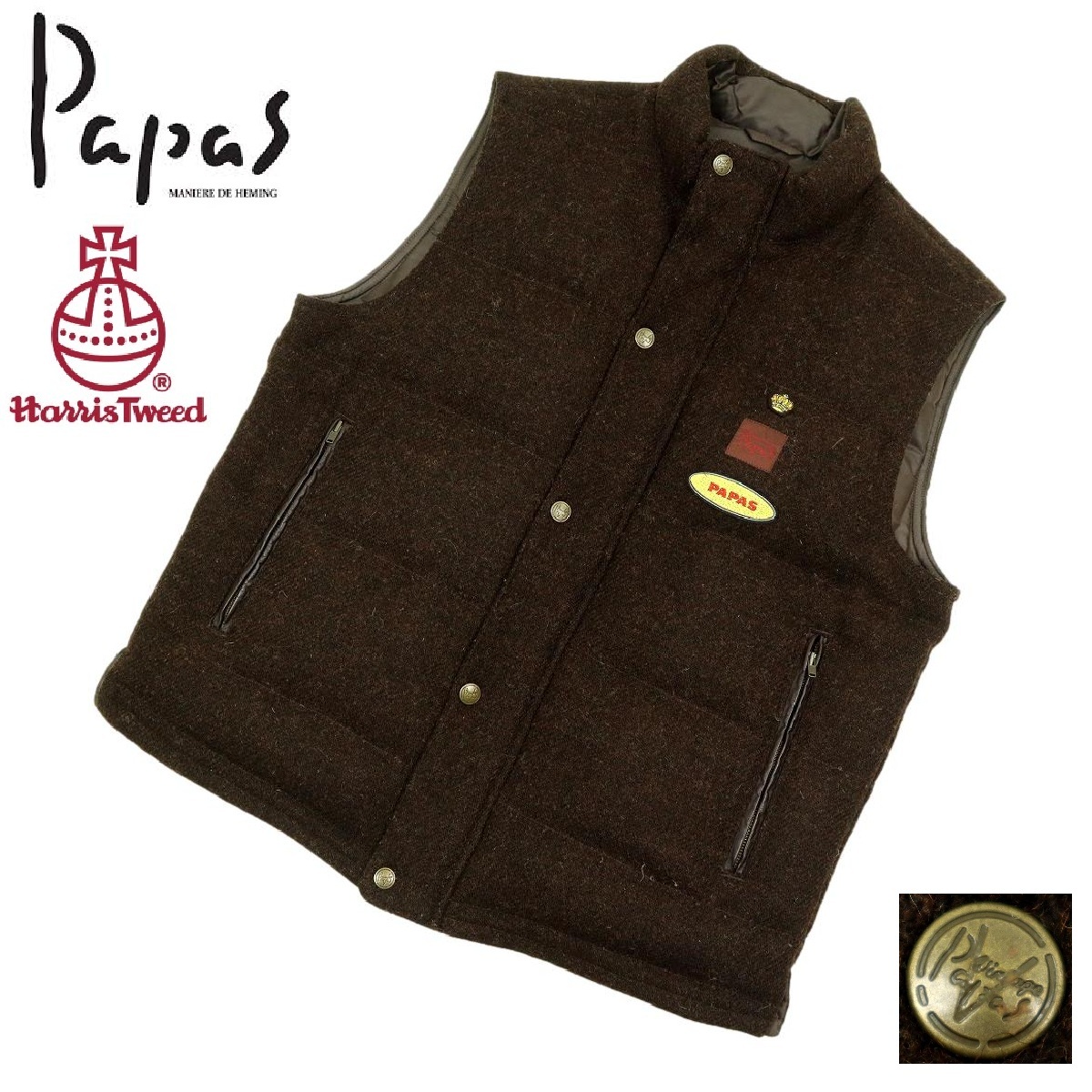 【B3483】【美品】Papas×HARRIS TWEED パパス ハリスツイード ダウンベスト 別注 ワッペン サイズS/46拍卖