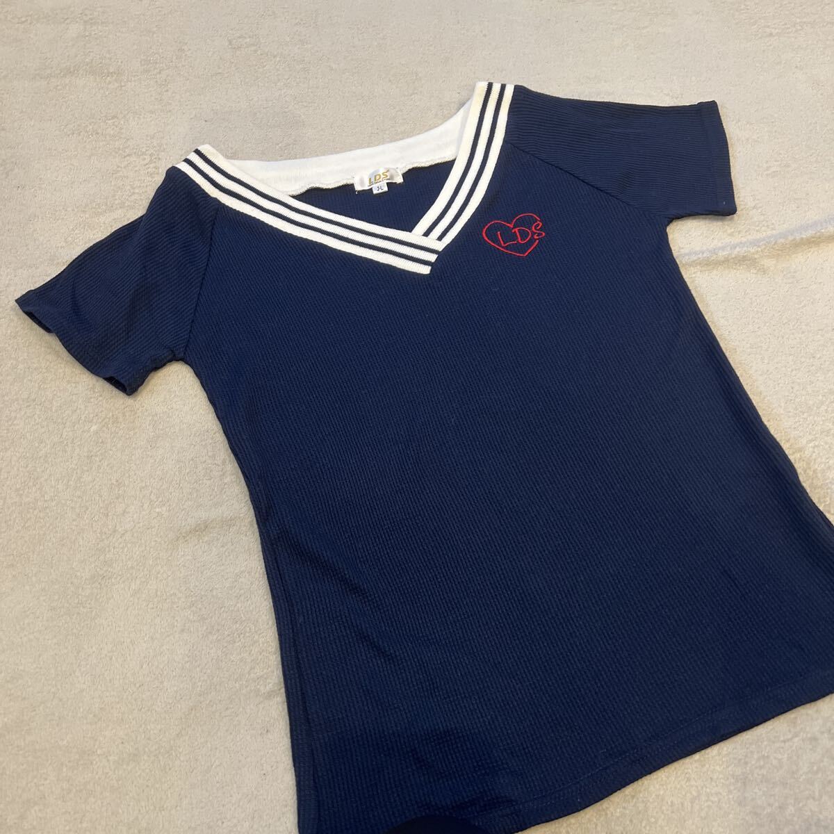 【L.D.Sエルディーエス】ネイビー Vネック ワッフル楚材半袖Tシャツ カットソー《美品》160.拍卖