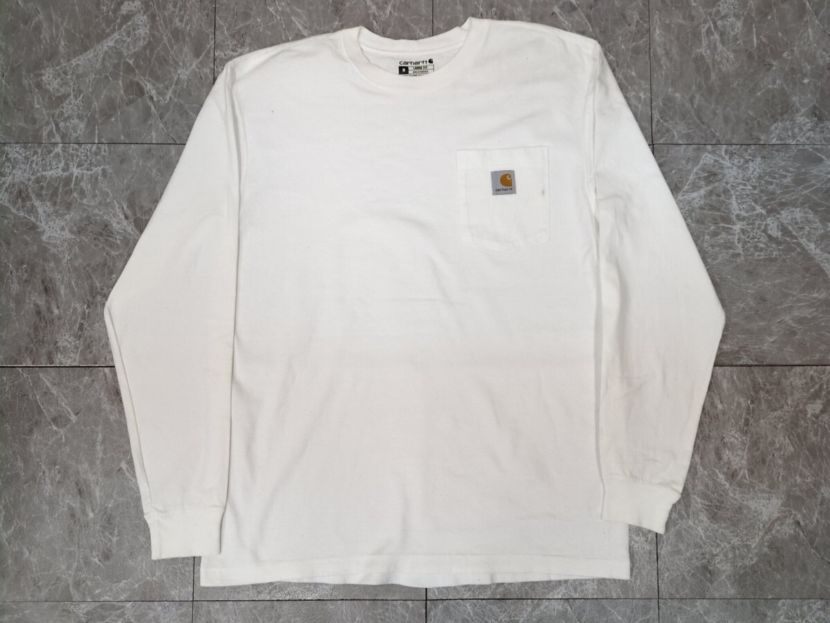 2.カーハート ルーズフィット ロゴ 長袖 ロングスリーブ ポケット付き Tシャツ ポケT ロンT Carhartt メンズM 白 LOOSE FITx504拍卖