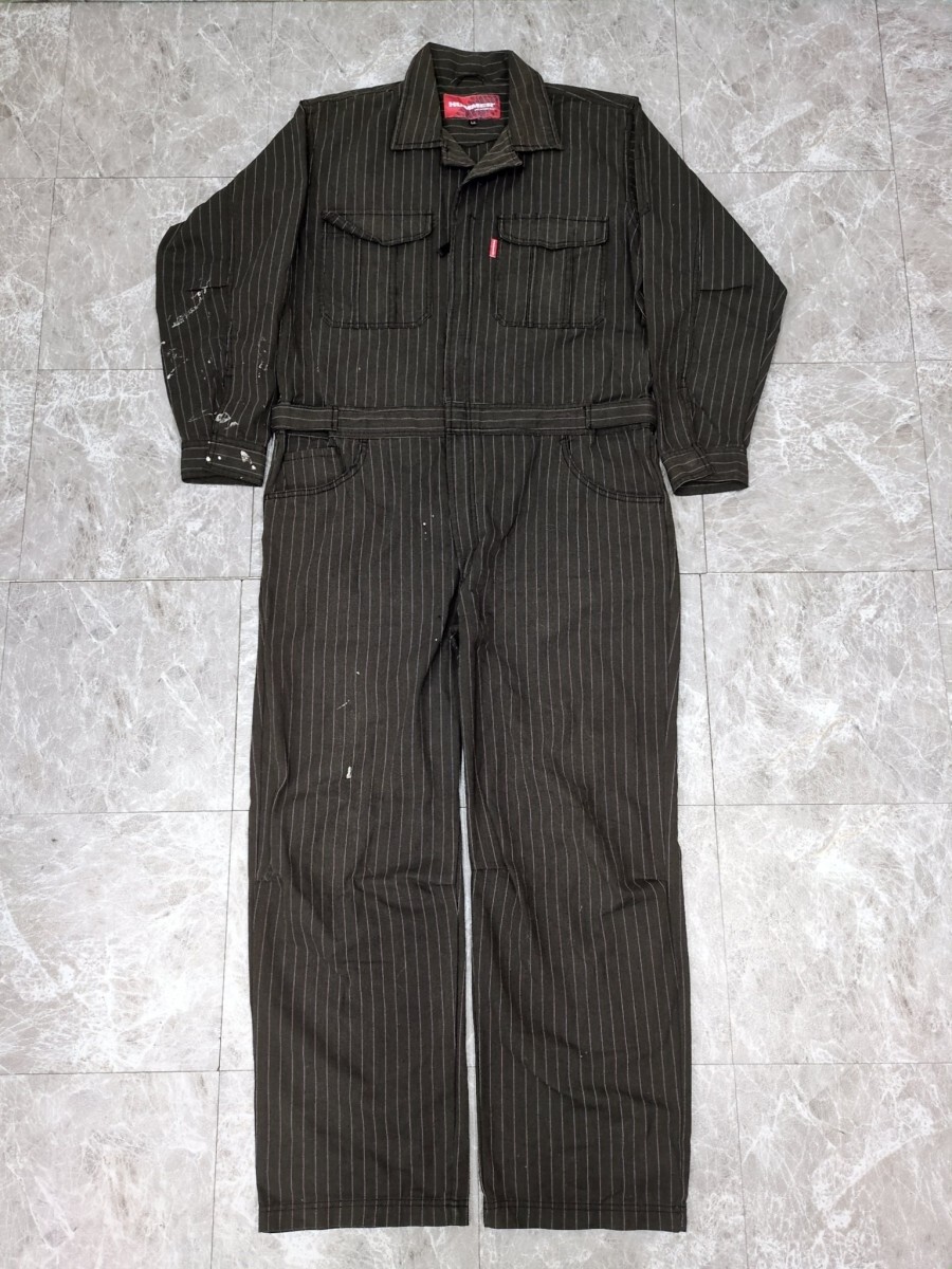 1.HUMMER ストライプ柄 ヒッコリー ヘリンボーン柄 デニム つなぎ 作業着 ワークウェア ハマー メンズLL ダークグレー系 y504拍卖