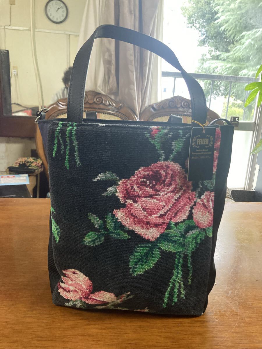 ★☆新品 タグ付き フェイラー トートバッグ 花柄 パイル地 ブラックハンドバッグ☆★拍卖