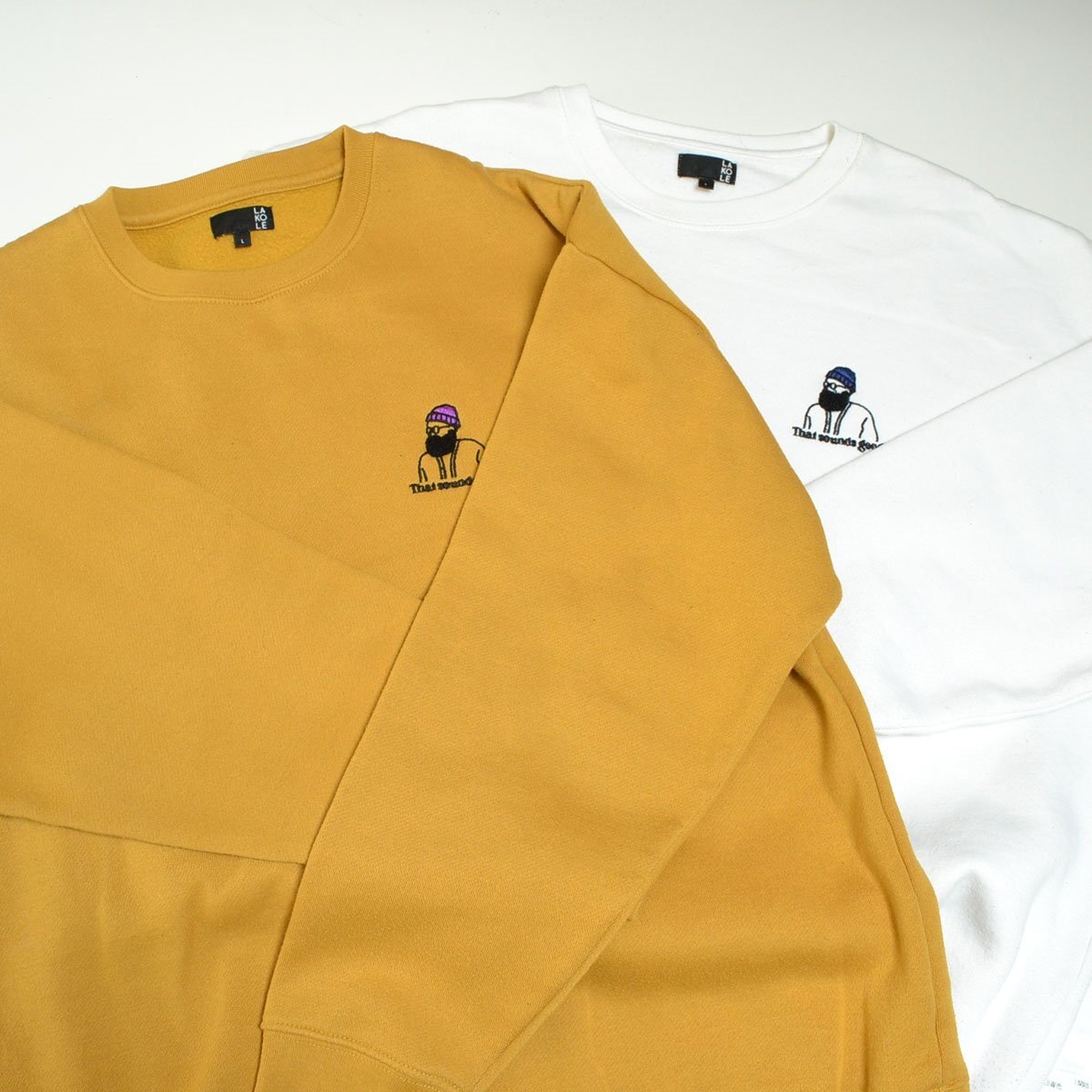 ◆565474 LAKOLE ラコレ アダストリア ◇スウェットシャツ 2着セット トレーナー 刺繍 サイズL メンズ マスタード ホワイト拍卖
