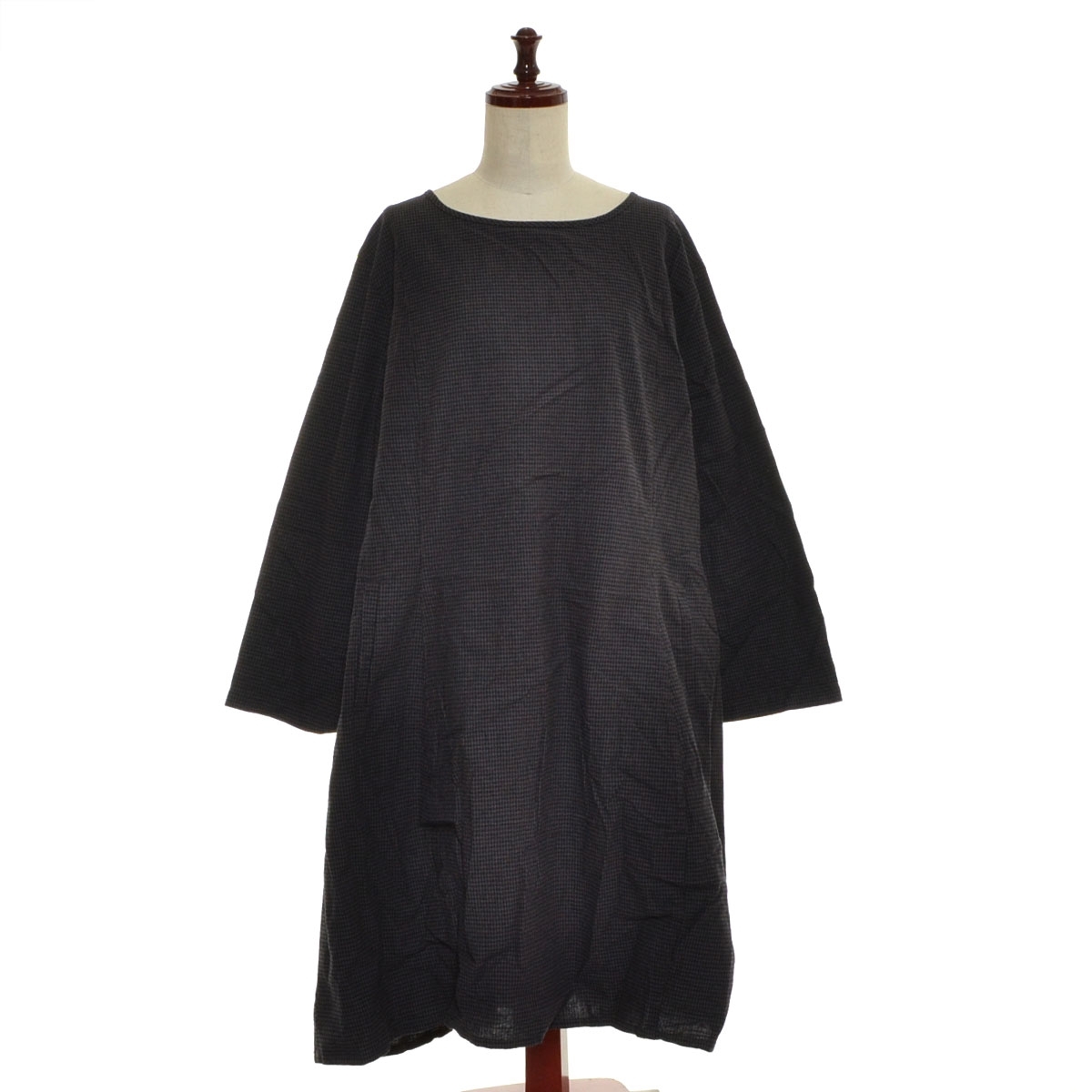 □554614 未使用品 fu-ai drug store's ドラッグストアーズ ○ワンピース 異素材切替チェックOP サイズF レディース ネイビー拍卖