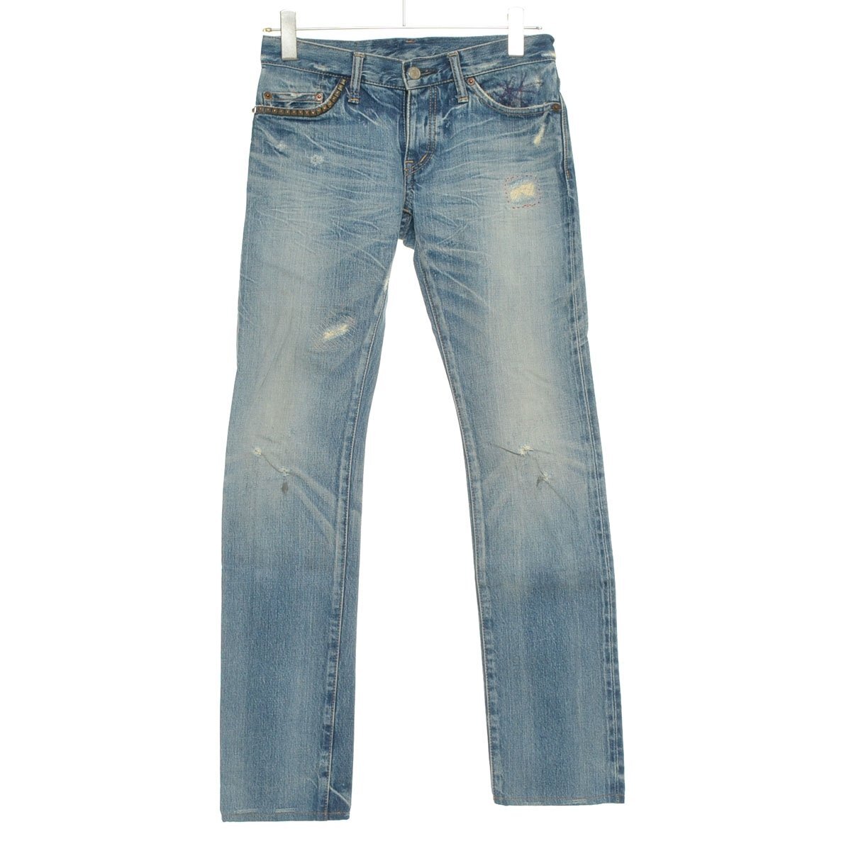 ◆566035 HYSTERIC GLAMOUR ヒステリックグラマー ◇デニムパンツ ジーンズ セルビッチ スタッズ ダメージ/リペア加工 XS メンズ 日本製拍卖