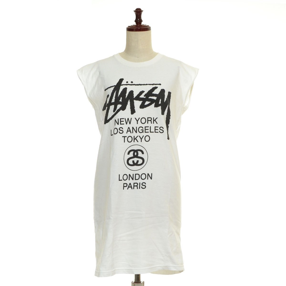 ◇565248 STUSSY ステューシー ◇ノースリーブTシャツ リメイク品 ロゴプリントチュニックT サイズXL レディース ホワイト拍卖