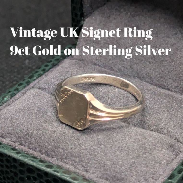 英国製 ヴィンテージ シグネットリング 9金オーバーレイ × スターリングシルバー 16号 シルバー ゴールド アクセサリー クラシック メンズ拍卖