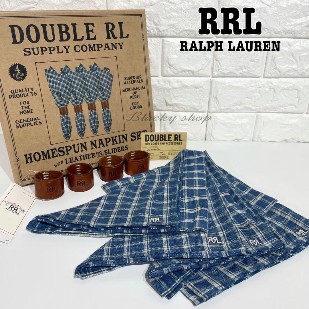RRL ラルフローレン チェックド ナプキン セット ウィズ レザー スライダー 未使用 タグ 外箱 リング付き 4枚 バンダナ スカーフ ハンカチ拍卖