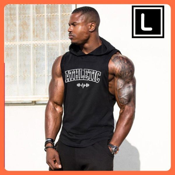 メンズ フード付きタンクトップ ノースリーブ ブラック 筋トレ ウェア L拍卖