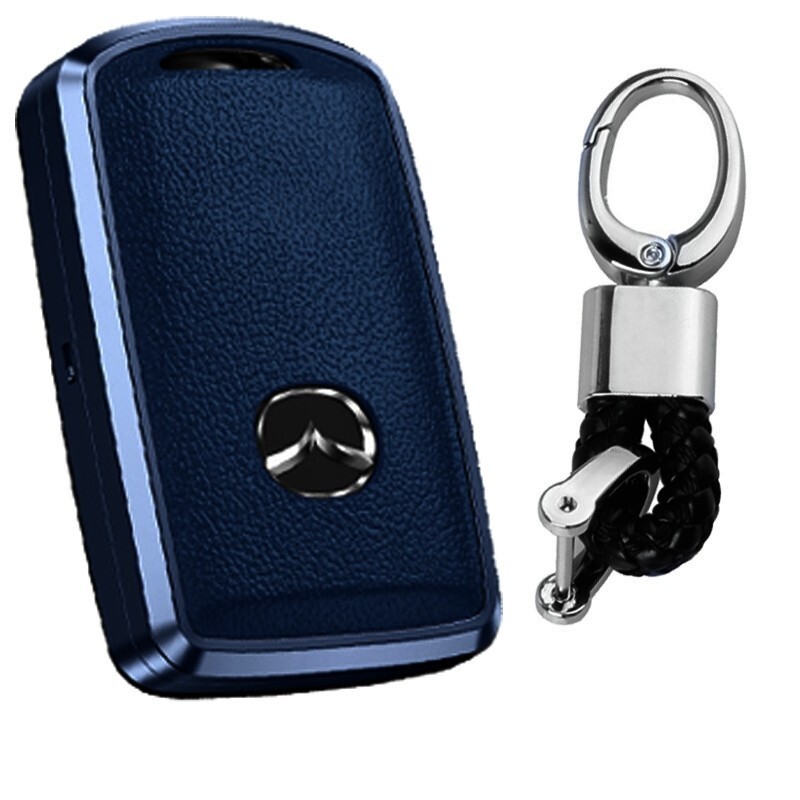 新品即決 マツダ アルミ 本革 紺色 ネイビー レザー スマートキーケース キーカバー キーホルダー CX30 CX50 CX60 CX8 CX80 MX30 アクセラ拍卖