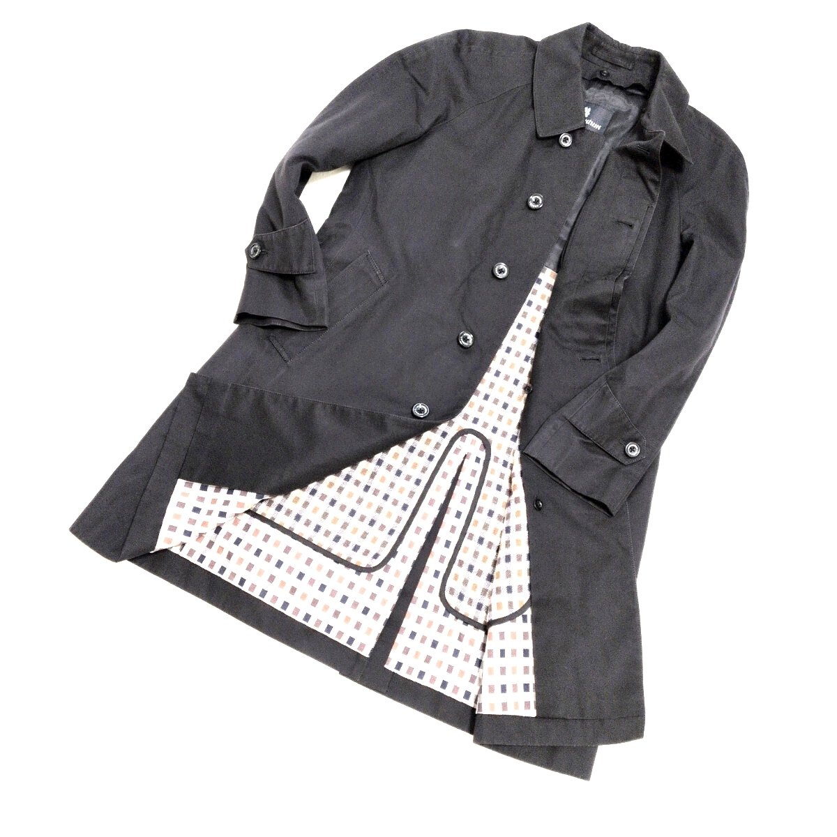 1円〜Aquascutum アクアスキュータム Aqua5 ライナー着脱 ステンカラーコート 38 黒系 バルマカーン 高級ウールカシミヤ混 英国老舗メンズ拍卖