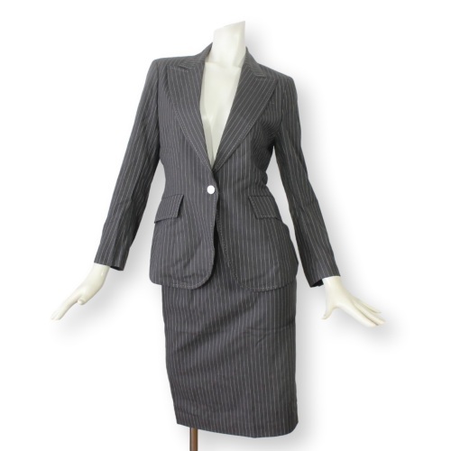 【美品】MOGA モガ スカートスーツ 2 ビギ 日本製 M 9号 春夏 グレー ストライプ セットアップスーツ tqe BIGI ★美品★拍卖