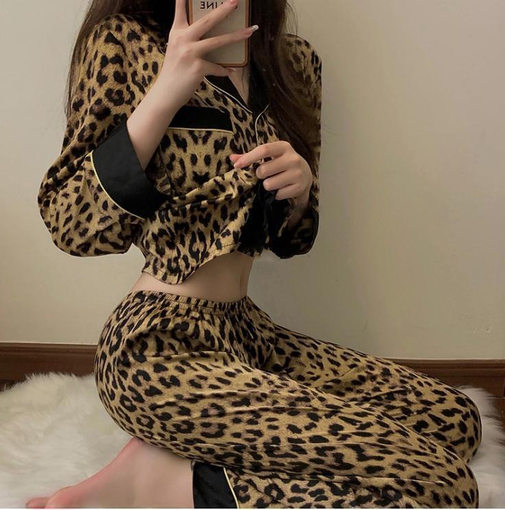 XL【新品】ヒョウ柄 ルームウェア パジャマ レディース 長袖 上下セット 韓国 ギャル おしゃれ 長ズボン レオパード柄 ナイトウェア拍卖
