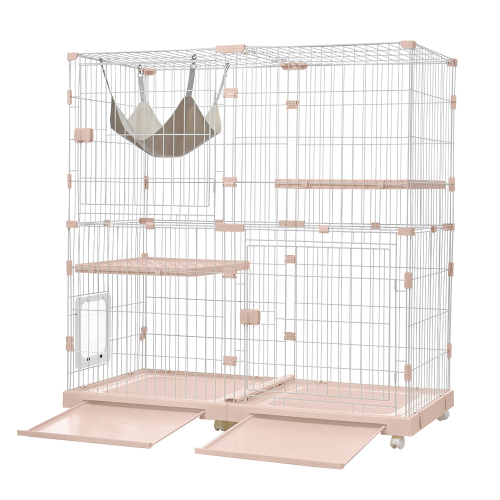 猫 ケージ キャットケージ 2段 幅広設計 自由組み合わせ トレー付き 猫ドア付き ハンモック付き 大型 猫ゲージ 脱走防止 多頭飼い KU858拍卖