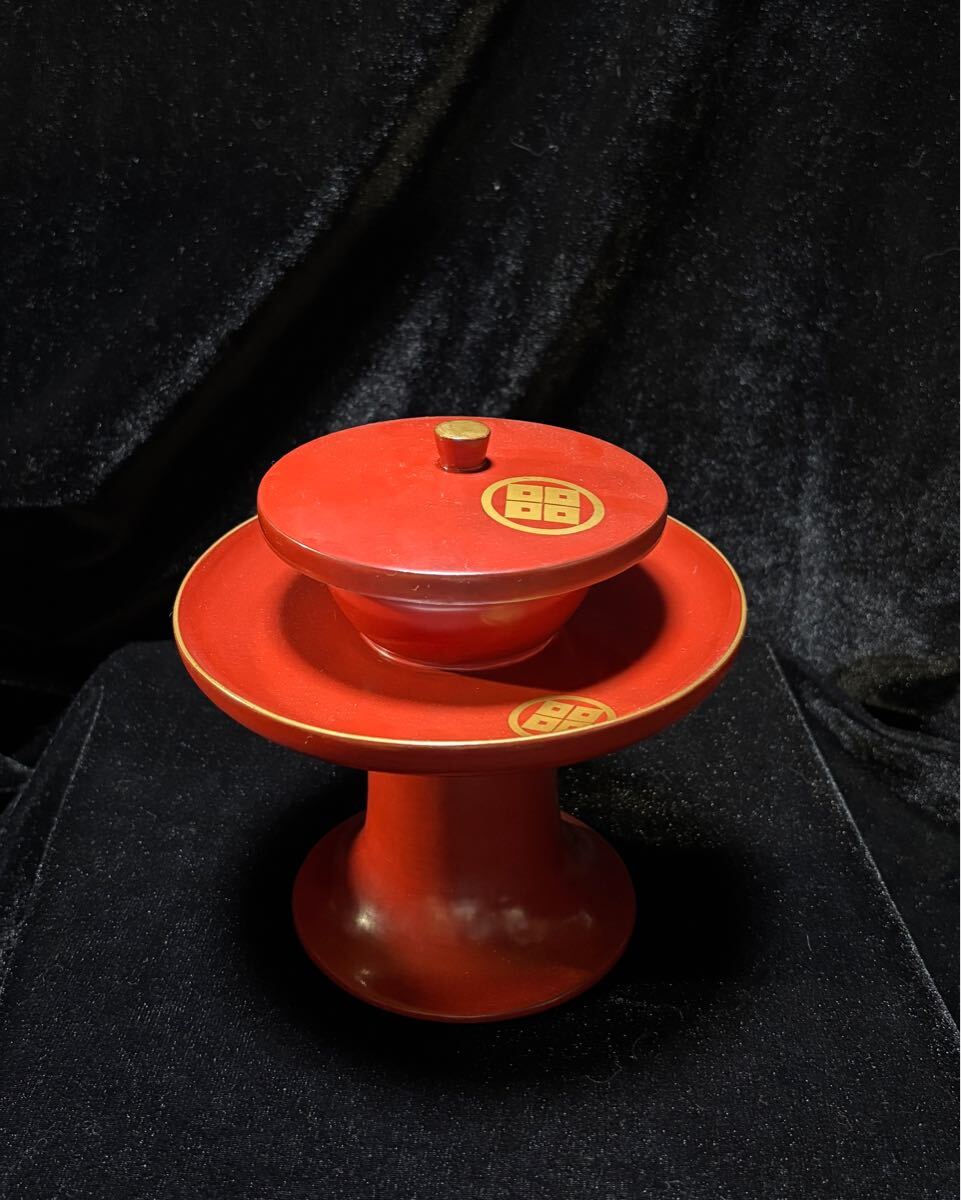 【古美術】高茶台 木製 家紋 隅立四目 漆器 茶道具 茶托 朱塗 旧家蔵 茶道拍卖