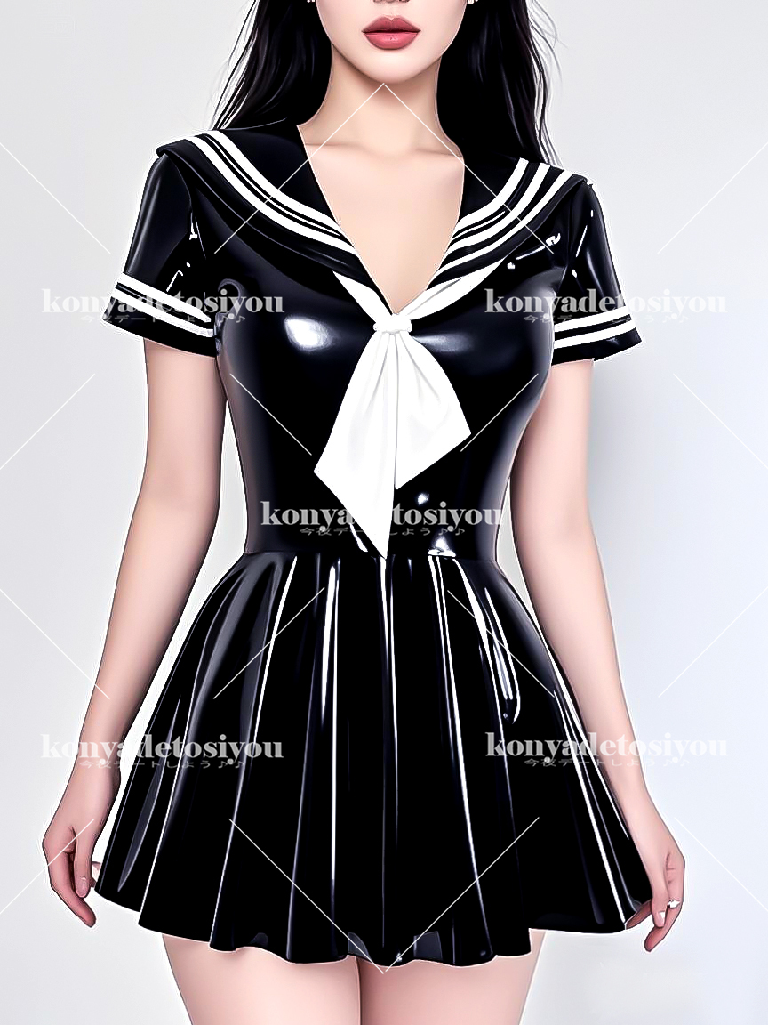 25097黒5XL 超光沢 可愛いセーラー風 ミニ丈 ワンピースト コスプレ JK制服 キャンギャル ハロウィン仮装 変装 撮影会イベントコスチューム拍卖