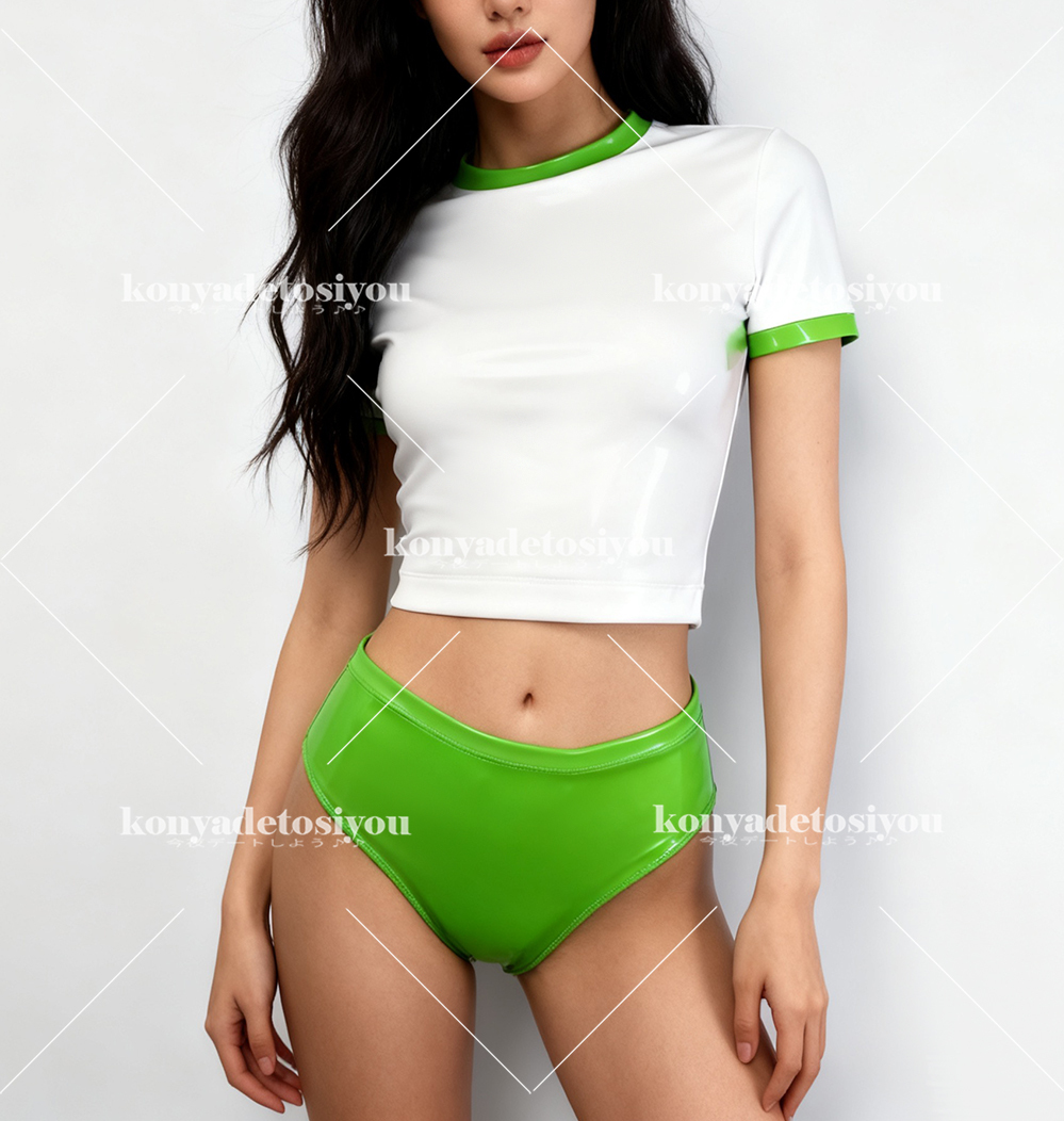 23015白&薄緑3XL 超光沢 可愛い トップス+ブルマ コスプレ レースクイーン 体操服 水着 仮装 変装 イベント コスチューム拍卖