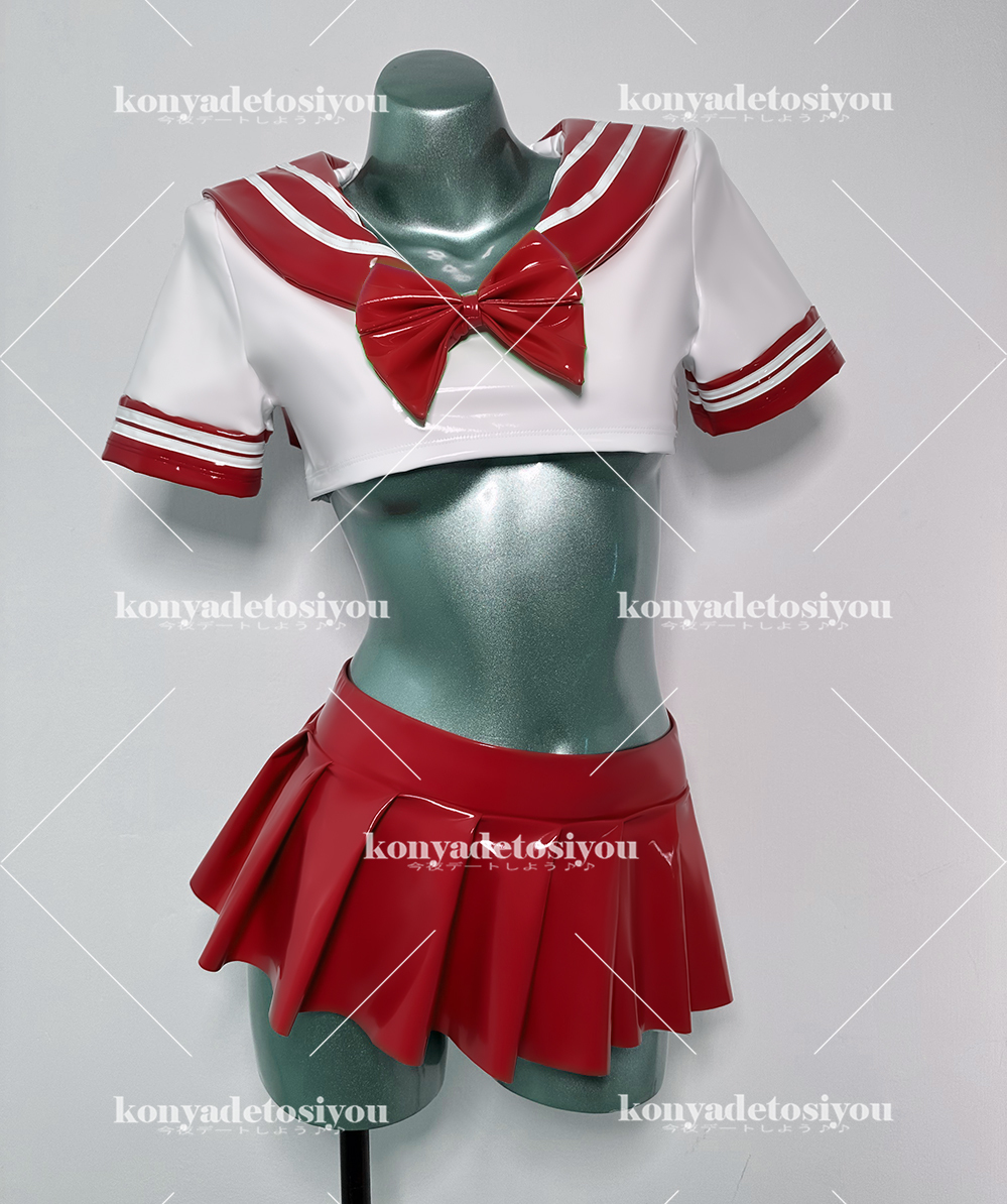 24071白&赤3XL 超光沢 ミニ丈 可愛いセーラー風トップス+プリーツスカート コスプレ JK 学生制服 仮装 キャバ嬢 変装イベントコスチューム拍卖