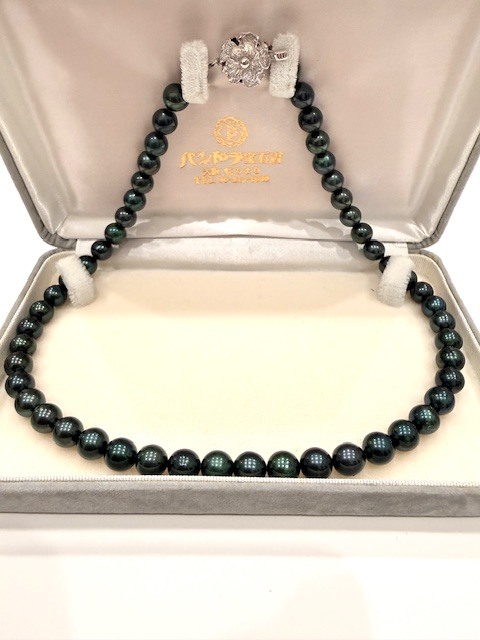 ●H7-10-2 黒蝶真珠 ピーコックグリーン ネックレス 真珠 パール 留め具SILVER刻印あり 約8mm 約35g シルバー アクセサリー 約42cm 拍卖