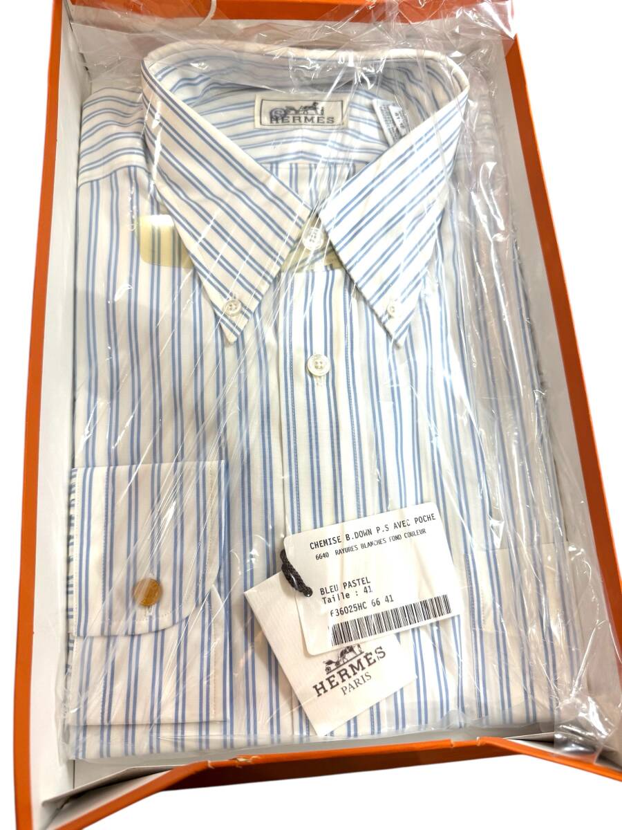 ●H7-10-82 『未使用品』HERMES エルメス 袖セリエボタン ストライプ シャツ コットン Sサイズ 箱付拍卖