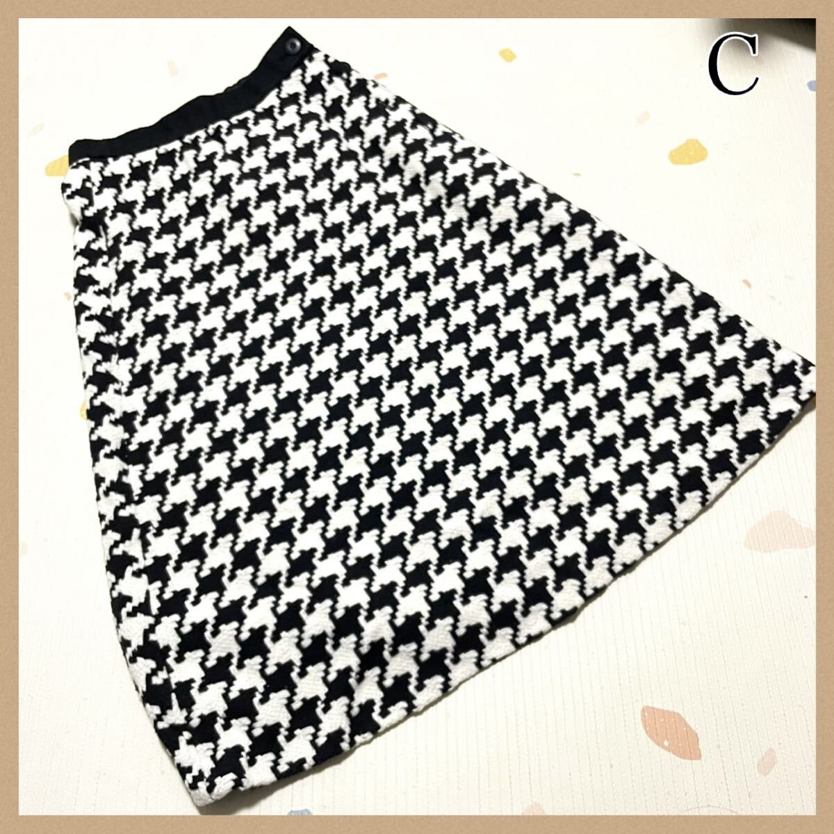 C 千鳥格子 スカート 膝丈 Aライン 38/M ロングスカート 白 黒 ブラック ホワイト拍卖