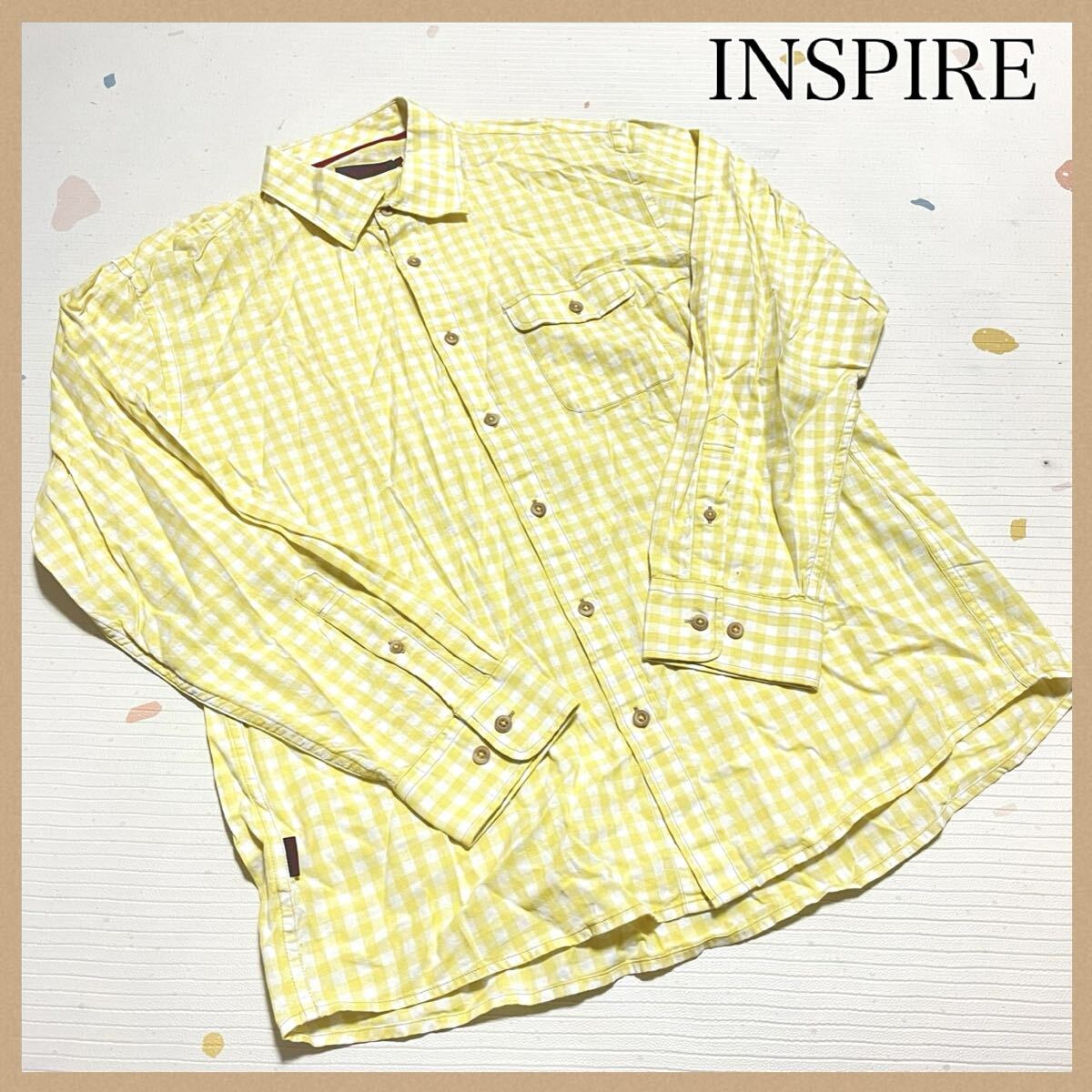 INSPIRE 綿 ギンガムチェックシャツ LL イエロー系 黄色 Yシャツ拍卖