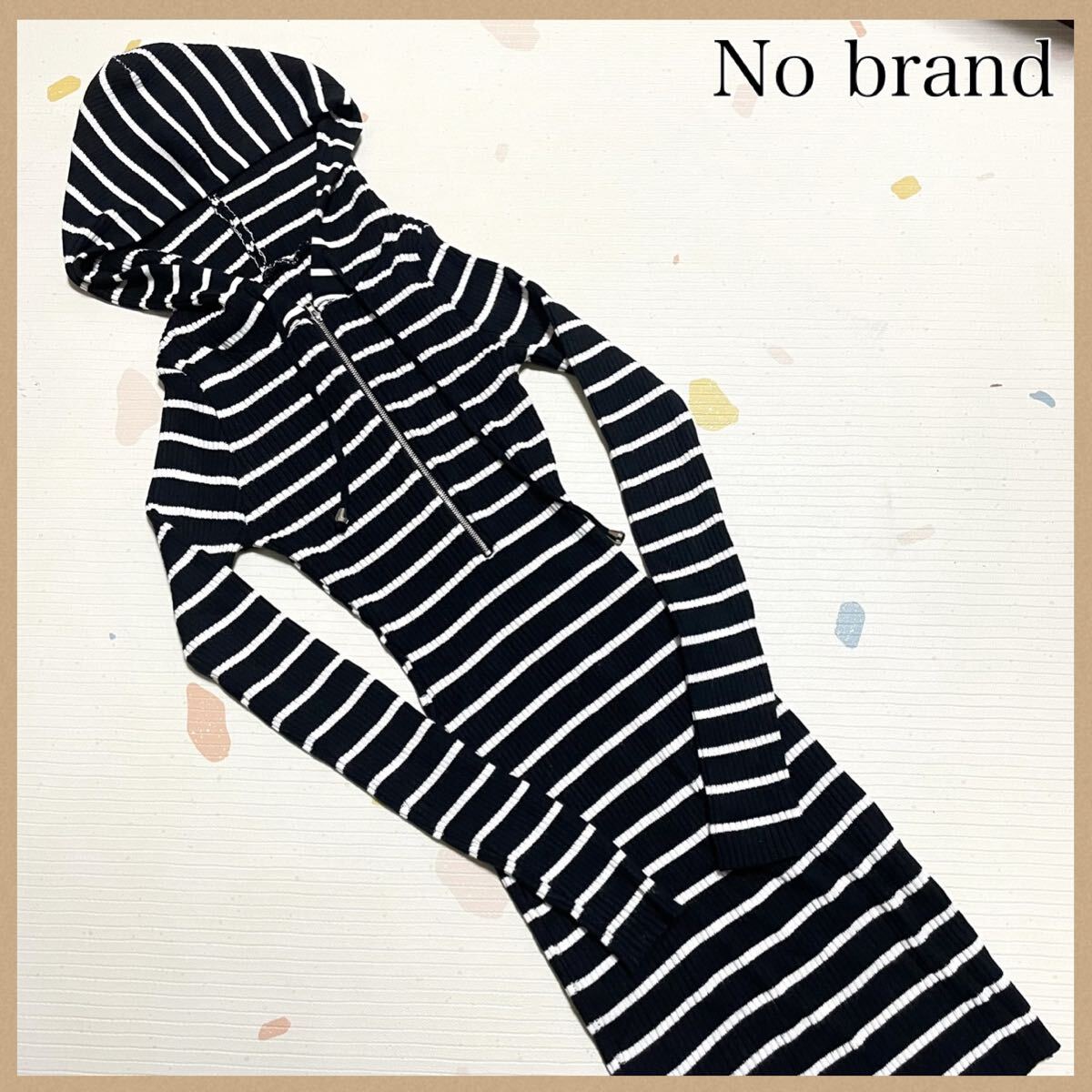 ボーダー ニットワンピース フード付き 長袖 M ブラック 黒 白 レディース拍卖