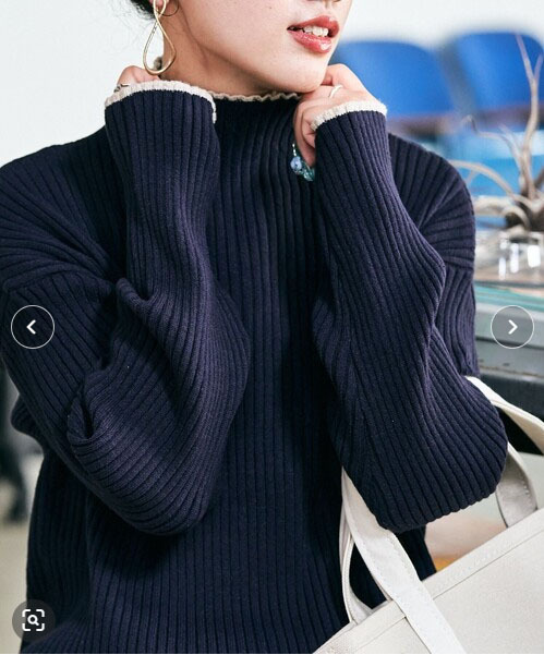 タグ付未使用 フリークスストア リブニット 配色ライン ハイネック プルオーバー ネイビー拍卖