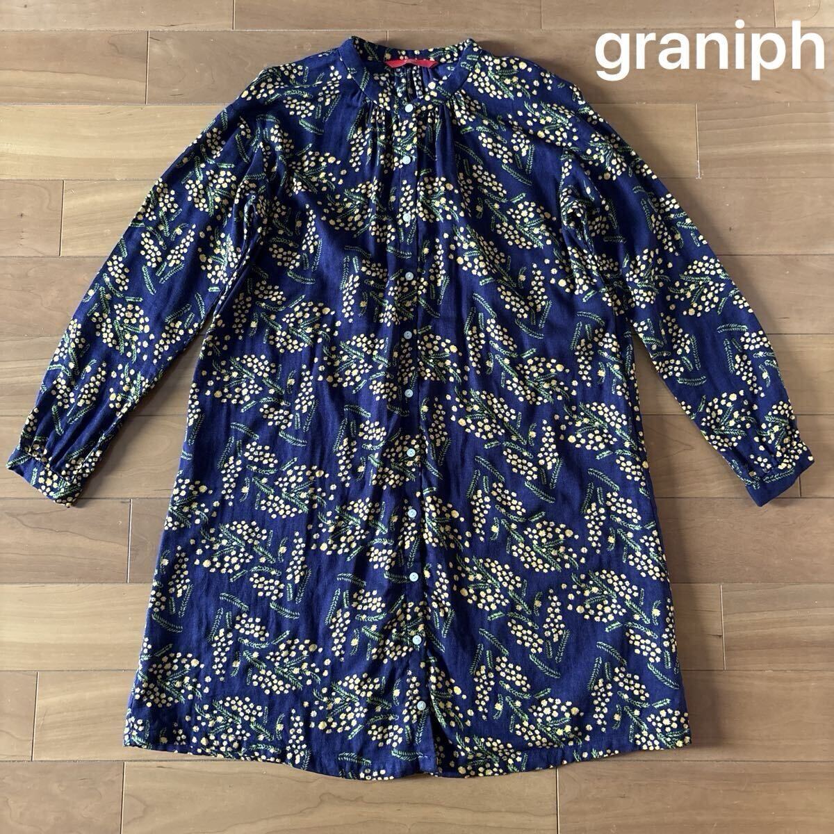 ☆大人気☆希少!グラニフ graniph ミモザ花柄 ダブルガーゼ素材 バンドカラー シャツワンピース ロングシャツ 羽織 レディースF拍卖