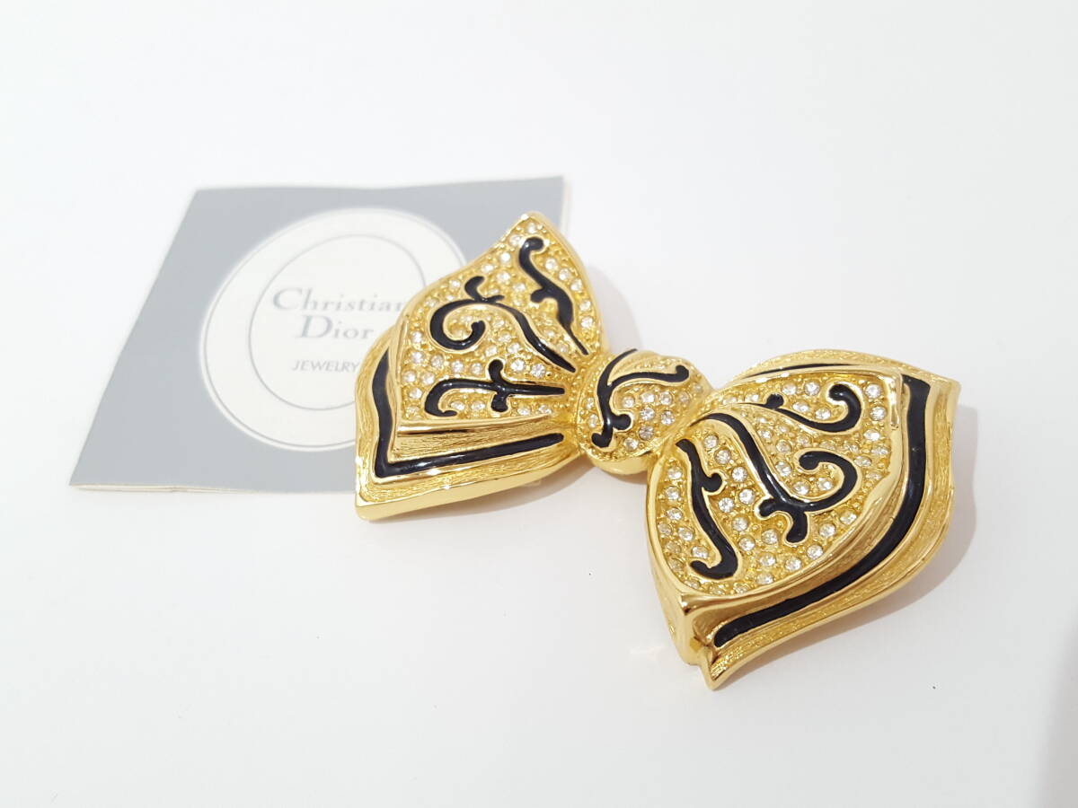 Christian Dior クリスチャンディオール ストーン付き リボンモチーフ ヴィンテージ ブローチ/約4×6×1cm/ゴールド×ブラック/01YZ102814拍卖